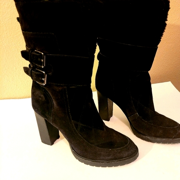Sigerson Morrison Evanlee Dyed Shearling Black Suede Mid Calf Boot - Picture 2 of 9